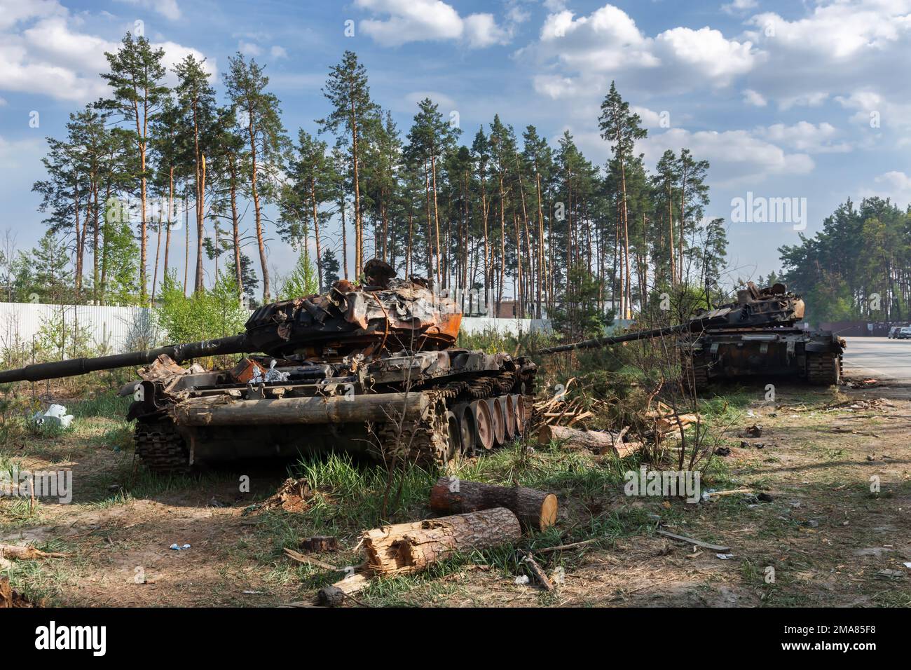 BUCHA, UKRAINE 12.05.2022 Irpin, Bucha. Atrocities of the russian army in the suburbs of Kyiv. russian tank knocked out by the Ukrainian army. Stock Photo