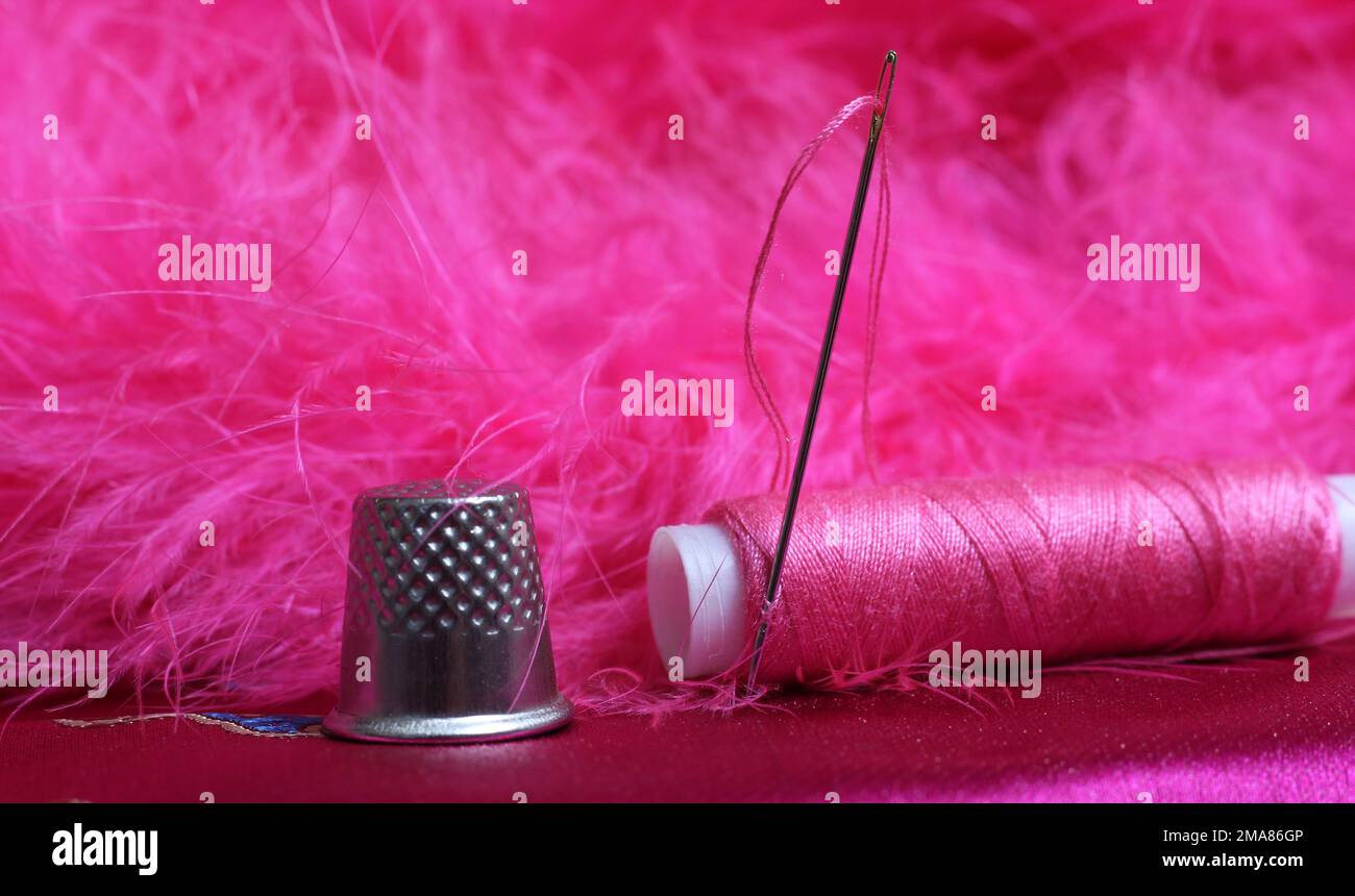 Spool of Pink Thread and Thimble on Vintage Pink Satin and Feather