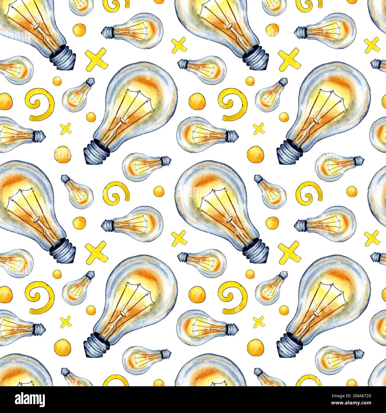 Watercolor illustration pattern of yellow glowing light bulb and doodle ...