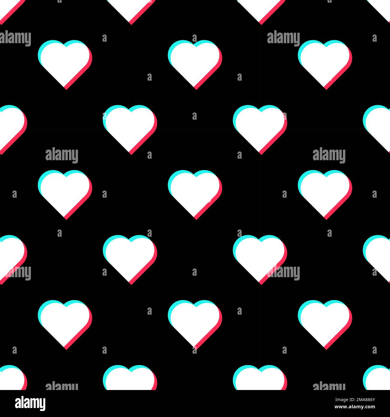 Black seamless pattern with heart glitch effect Stock Vector