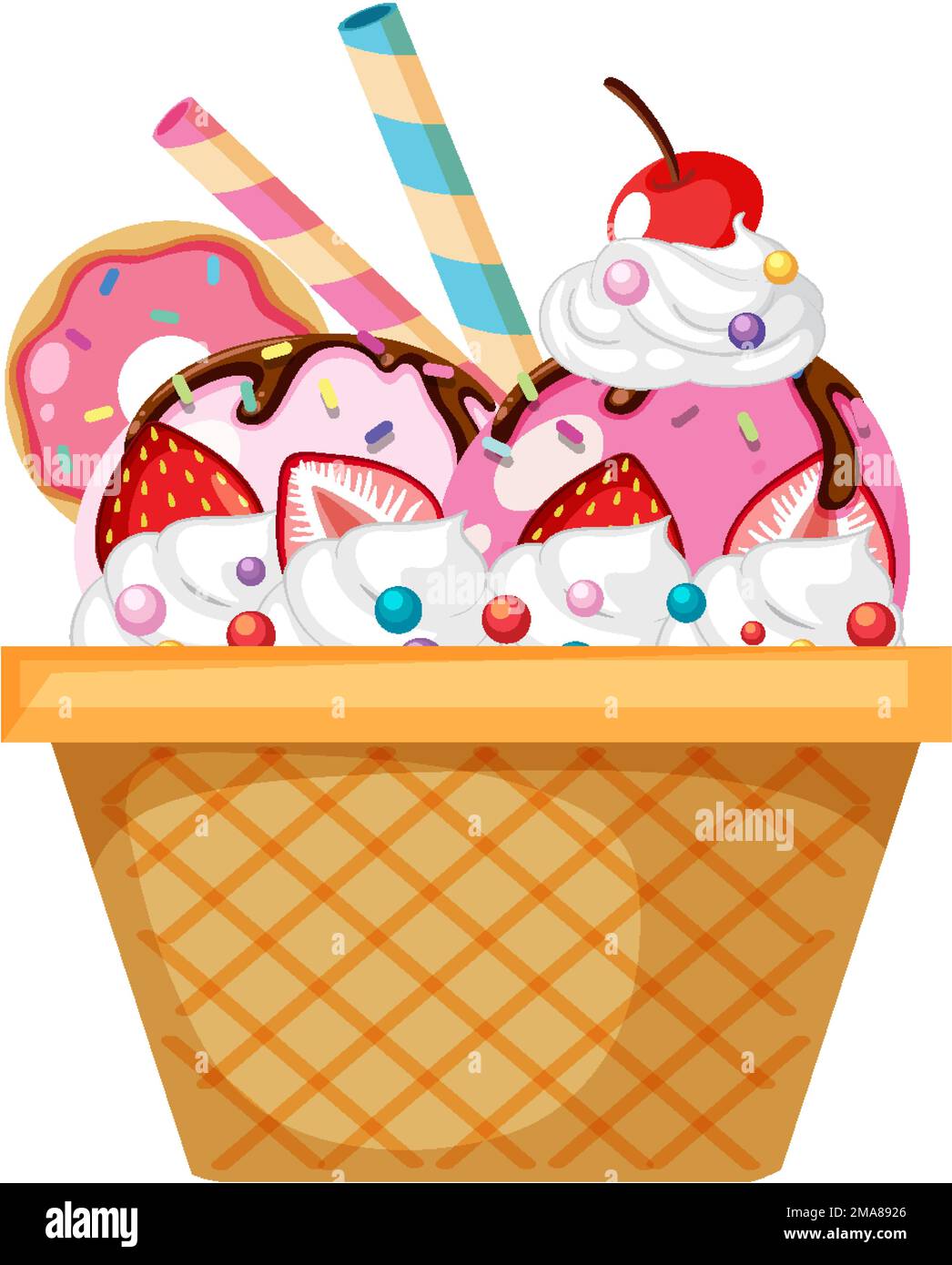 Strawberry ice cream wafer bowl with toppings illustration Stock Vector ...
