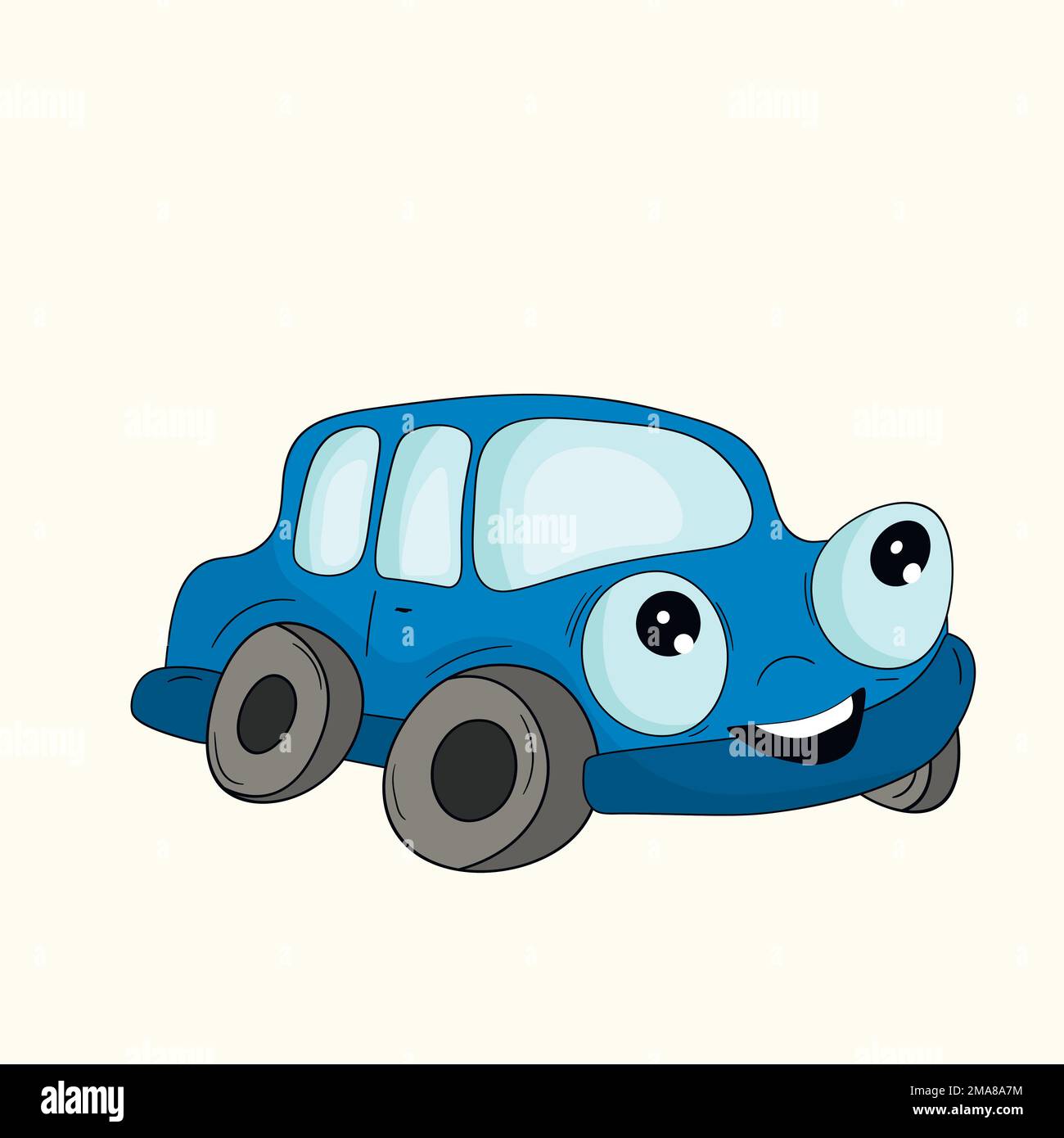 Cute blue car, kids toy. Cartoot transport. Retro automobile isolated