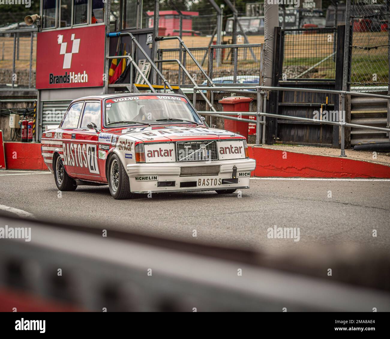 Volvo 242 Turbo Historic touring car seen exiting the pits at Brands ...