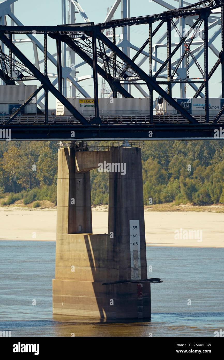 The Mississippi River stage marking on the bridge in Vicksburg, Miss