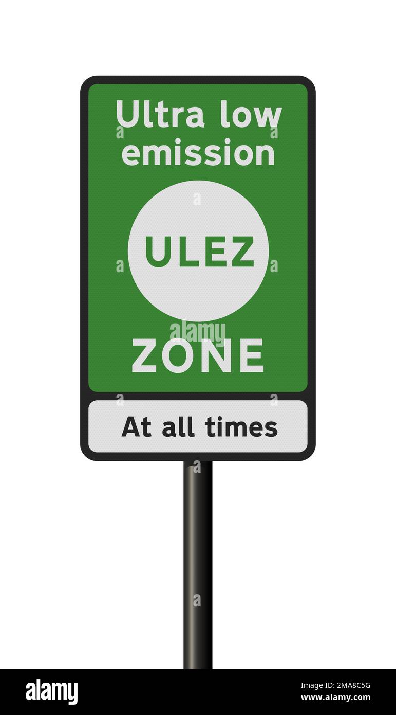 Vector illustration of the ULEZ (Ultra Low Emission Zone) road sign on black metallic pole Stock Vector
