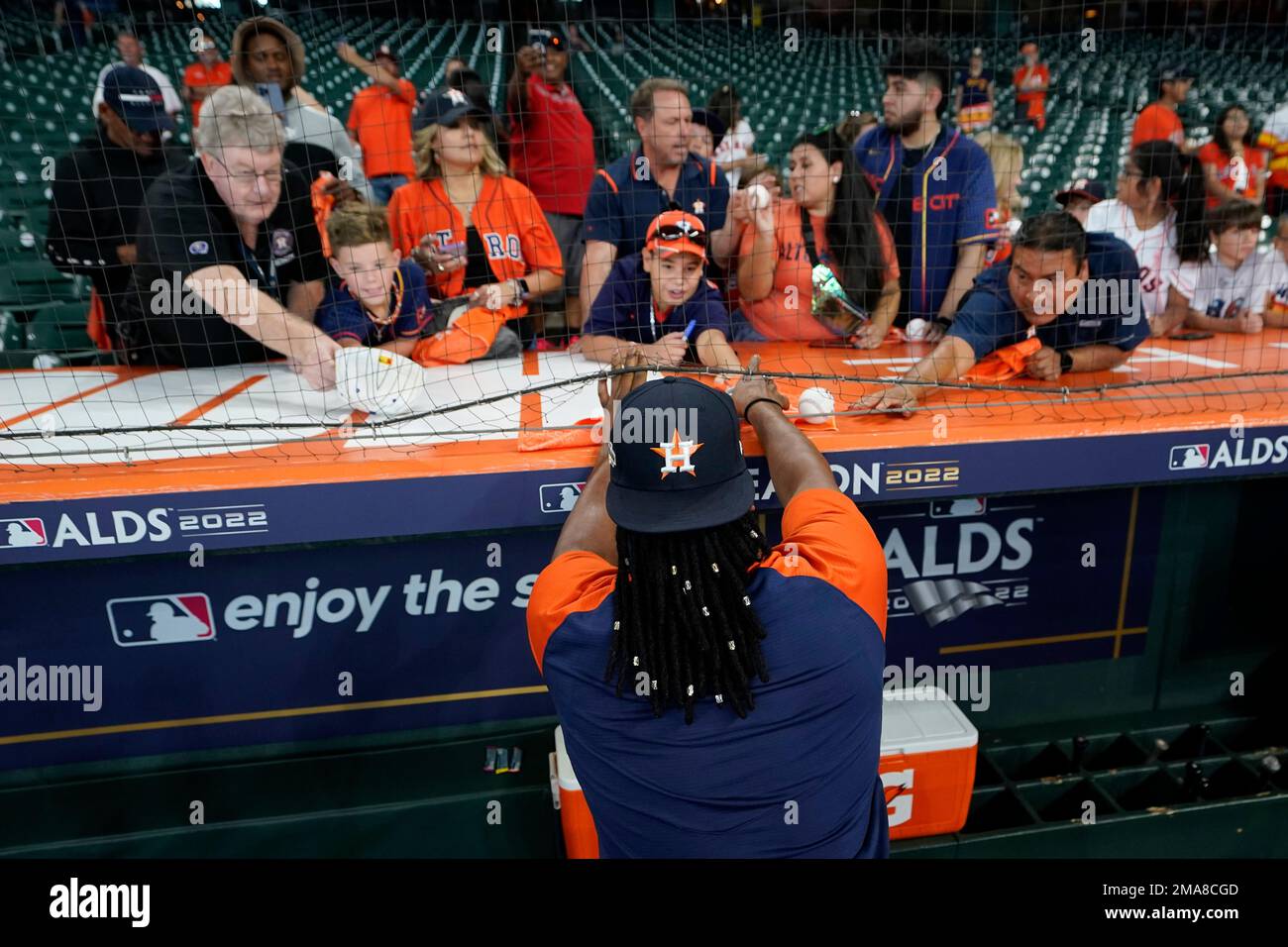 Houston Astros pitcher Framber Valdez signs autographs before Game 1 of an  American League Division Series baseball game against the Seattle Mariners  in Houston, Tuesday, Oct. 11, 2022. Valdez and teammate Luis
