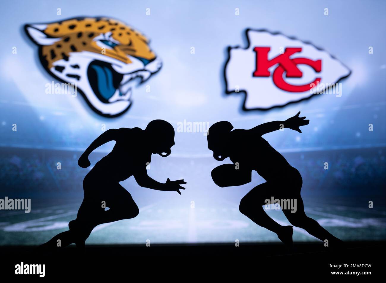 KANSAS, USA, JANUARY 18, 2023: Jacksonville Jaguars vs. Kansas City Chiefs. NFL Divisional Round 2023, Silhouette of two NFL American Football Players Stock Photo