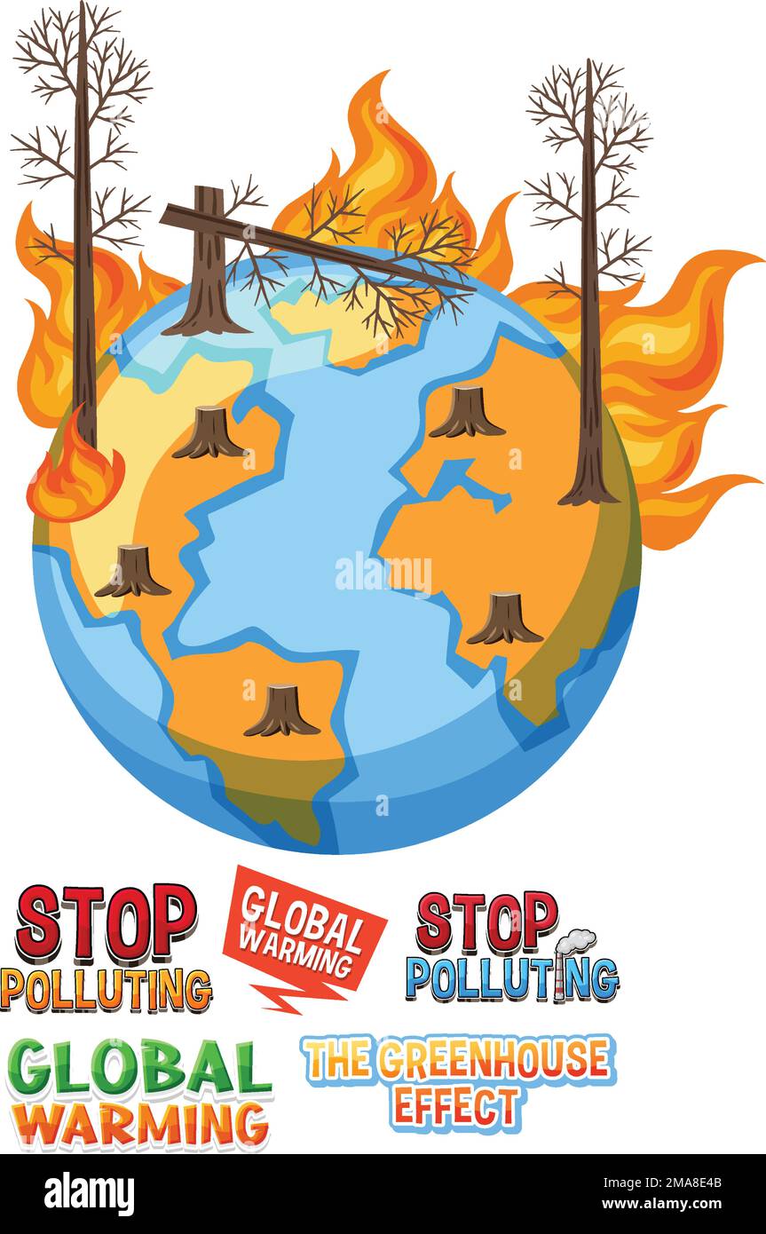 Burning globe with dry tree global warming banner illustration Stock Vector