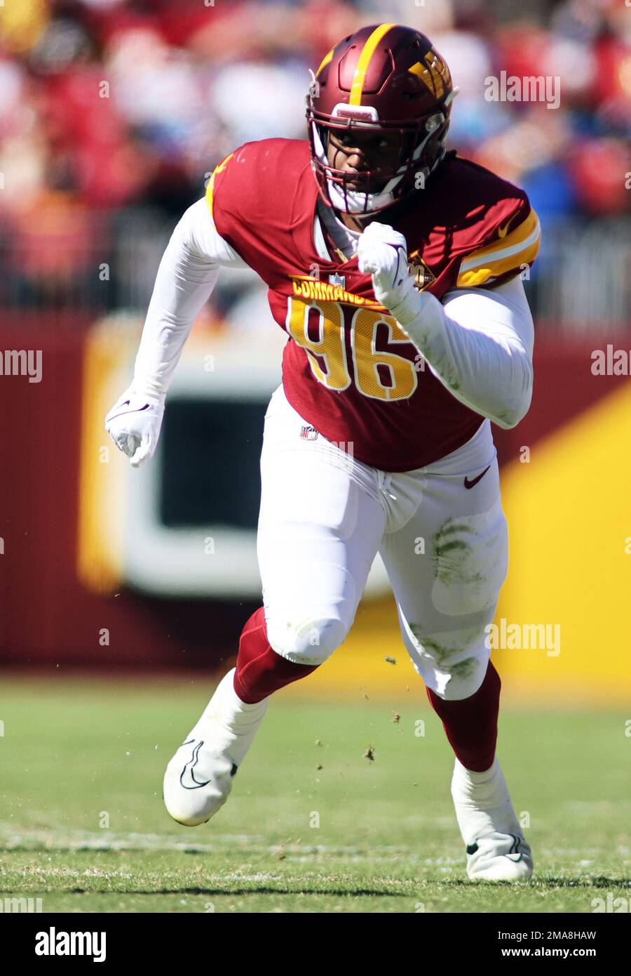 Washington Commanders defensive end James Smith-Williams (96) runs during  an NFL football game against the Tennessee Titans, Sunday, October 9, 2022  in Landover. (AP Photo/Daniel Kucin Jr Stock Photo - Alamy