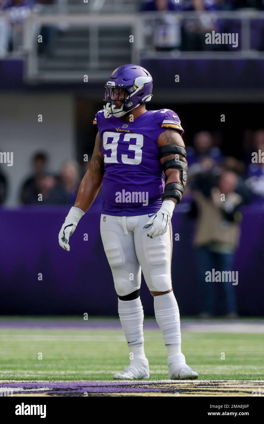 Minnesota Vikings defensive end Jonathan Bullard (93) in action during the  first half of an NFL football game against the Chicago Bears, Sunday, Oct.  9, 2022 in Minneapolis. (AP Photo/Stacy Bengs Stock