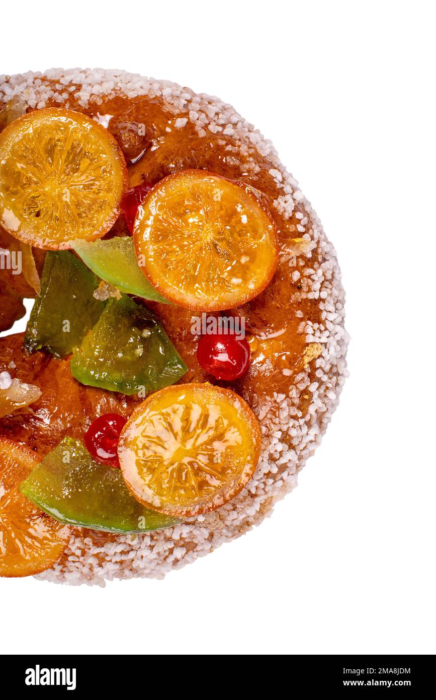Candied fruit on a traditional french galette des rois on a white