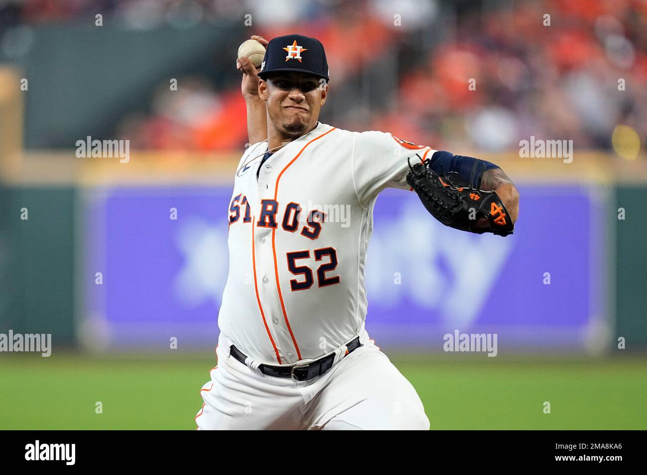 Houston Astros pitcher Bryan Abreu (52) delivers a pitch against the  Seattle Mariners during the fifth inning in Game 1 of an American League  Division Series baseball game in Houston,Tuesday, Oct. 11