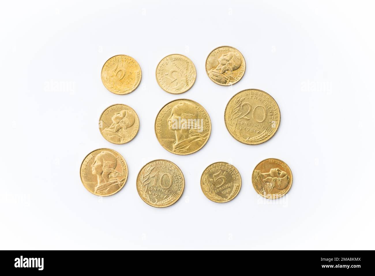 Antique French centimes coins. Current money of the French Republic