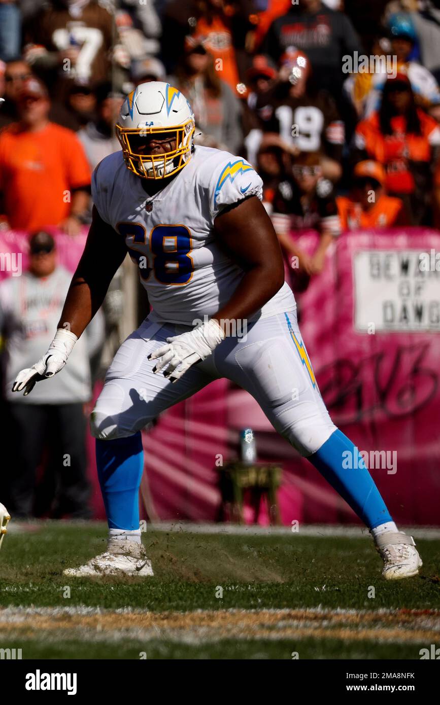 Los Angeles Chargers guard Jamaree Salyer (68) blocks San Francisco 49ers  defensive end Drake Jackson (95) during an NFL football game , Sunday,  Nov.13, 2022, in Santa Clara, Calif. (AP Photo/Scot Tucker