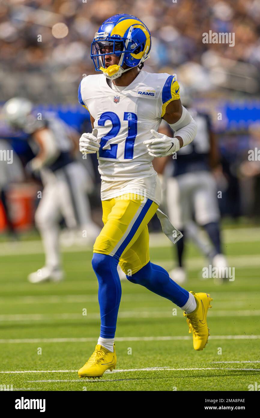 Defensive back (21) Russ Yeast of the Los Angeles Rams warms up before  playing against the San Francisco 49ers in an NFL football game, Monday,  Oct. 3, 2022, in Santa Clara, Calif. (