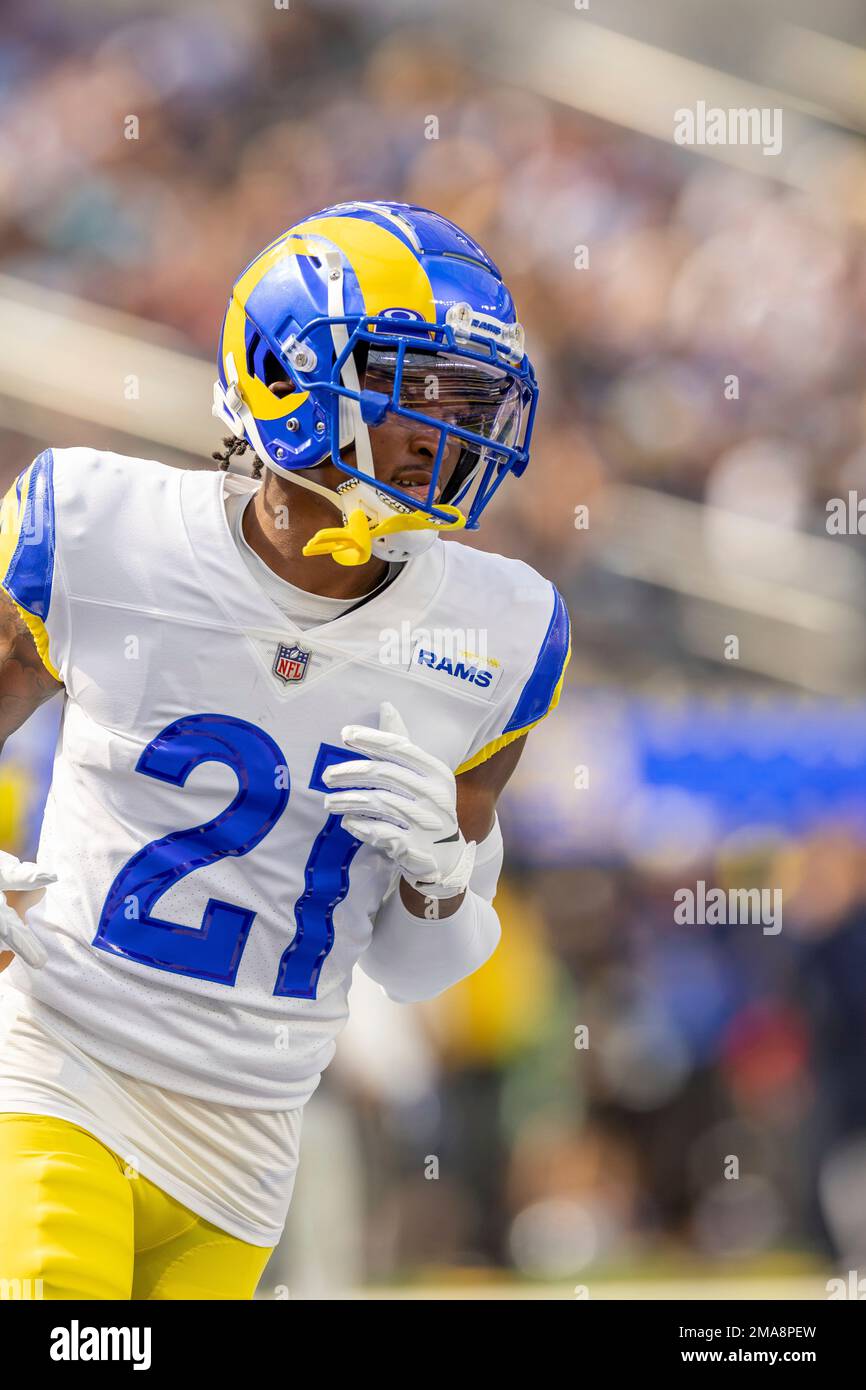 Defensive back (21) Russ Yeast of the Los Angeles Rams warms up before  playing against the San Francisco 49ers in an NFL football game, Monday,  Oct. 3, 2022, in Santa Clara, Calif.