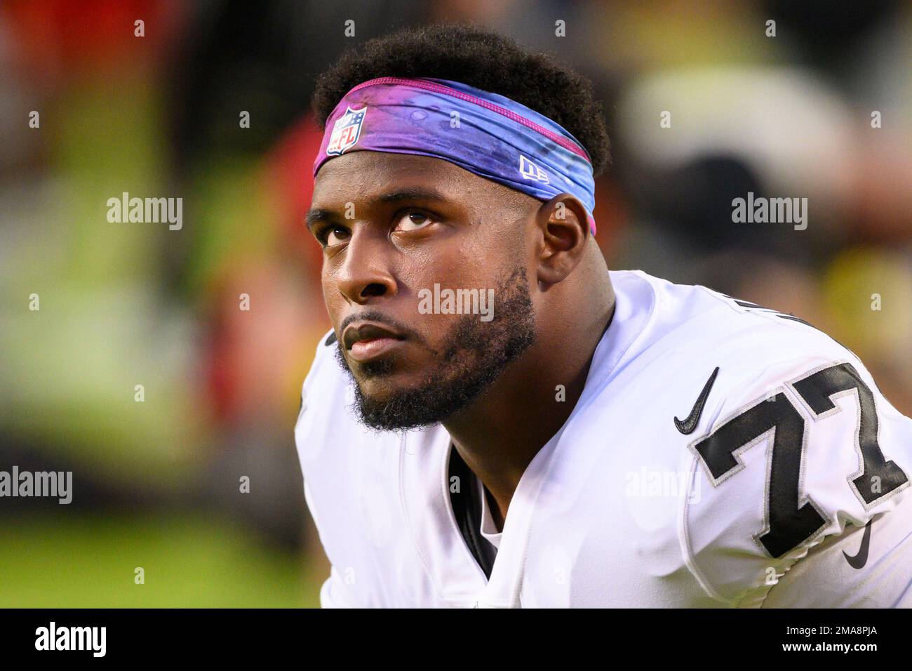 Las Vegas Raiders offensive tackle Thayer Munford Jr. wears a Crucial ...