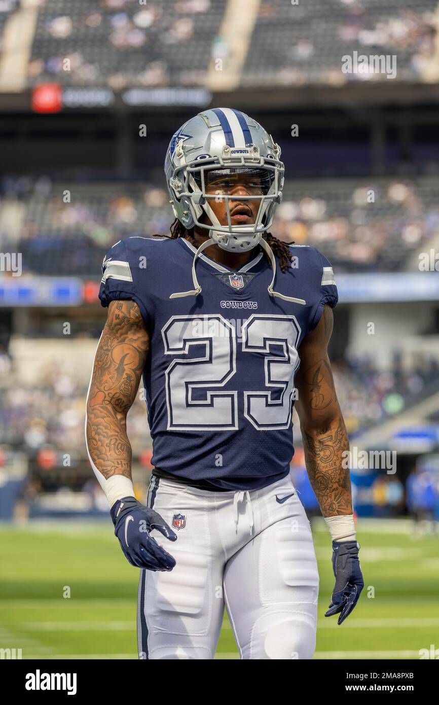 Running back (23) Rico Dowdle of the Dallas Cowboys warms up before playing  against the Los Angeles Rams in an NFL football game, Sunday, Oct. 9, 2022,  in Inglewood, Calif. Cowboys won