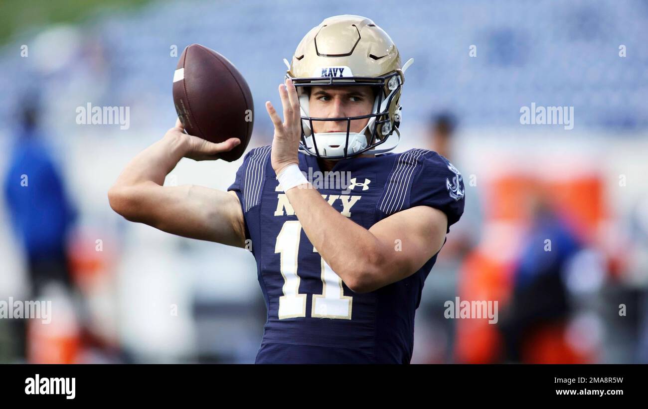 Navy Midshipmen quarterback Blake Horvath (11) throws before an NCAA