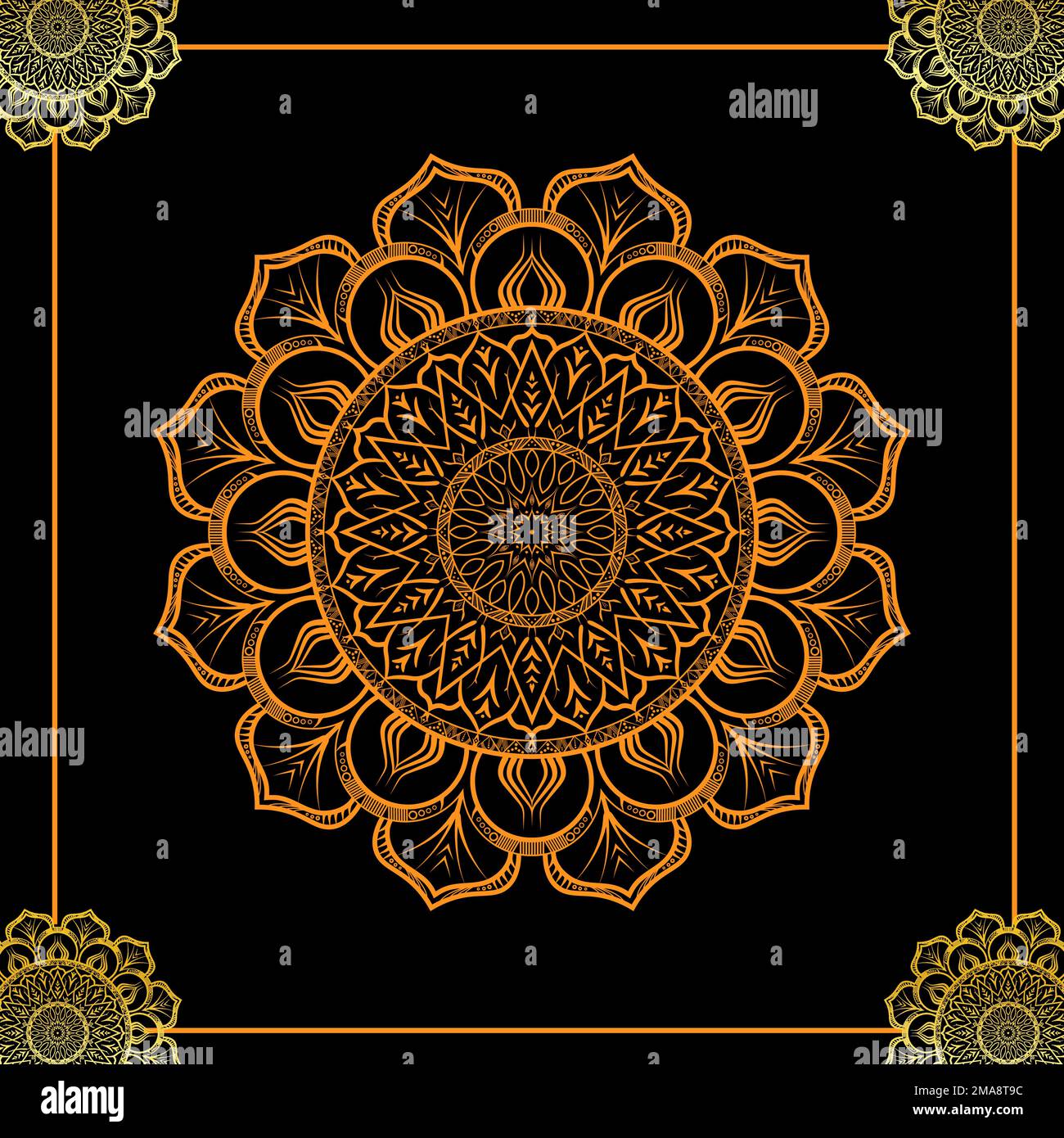 An illustration of an elegant orange mandala design isolated on a dark