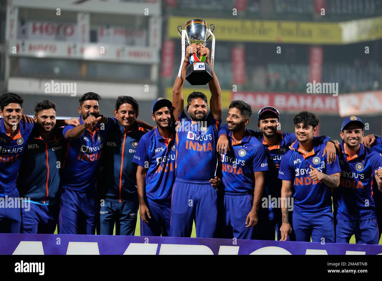 Indian cricket team player celebrate with Mastercard One day international cricket match trophy during India-South Africa series, New Delhi, India, Tuesday, Oct