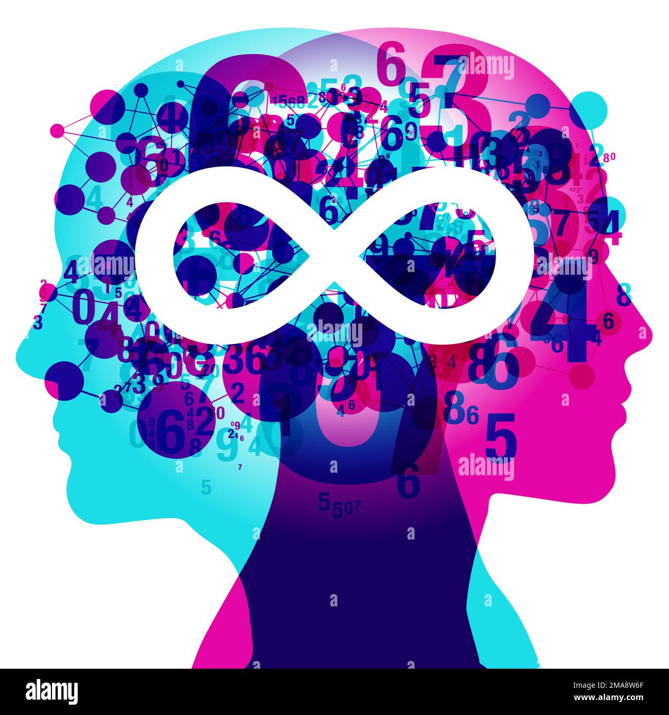 2 side figure silhouettes overlaid with semi-transparent numerals and connected shapes. Centrally placed is a large white “Infinity” symbol. Stock Vector