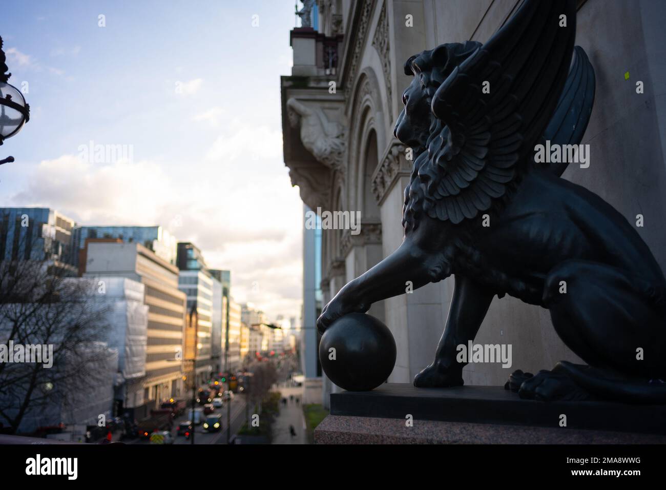 Winged Lion statue on Holborn Viaduct, the first flyover, was opened by Queen Victoria in 1869. Stock Photo