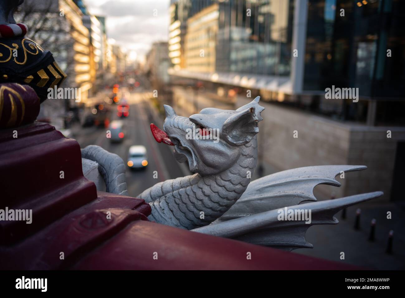 Silver griffin/dragon onHolborn Viaduct, the first flyover, was opened by Queen Victoria in 1869. Stock Photo