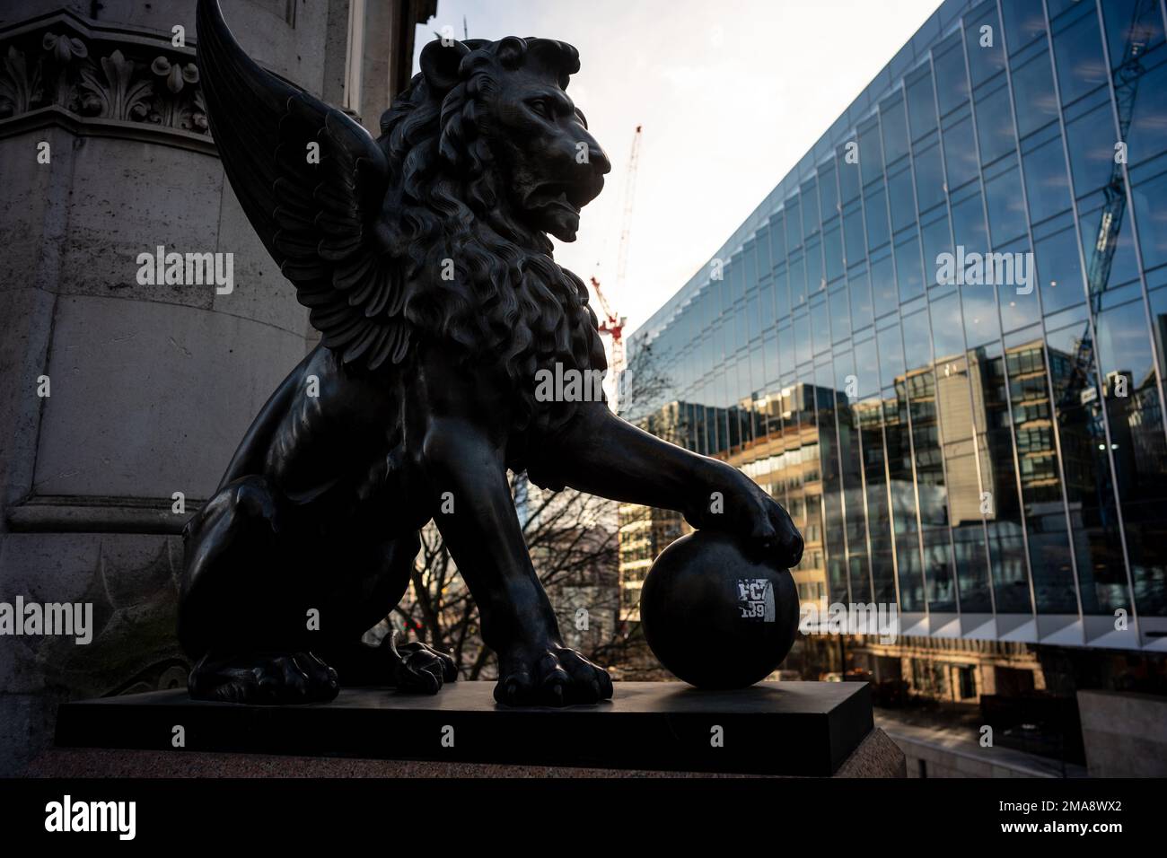 Winged Lion statue on Holborn Viaduct, the first flyover, was opened by Queen Victoria in 1869. Stock Photo