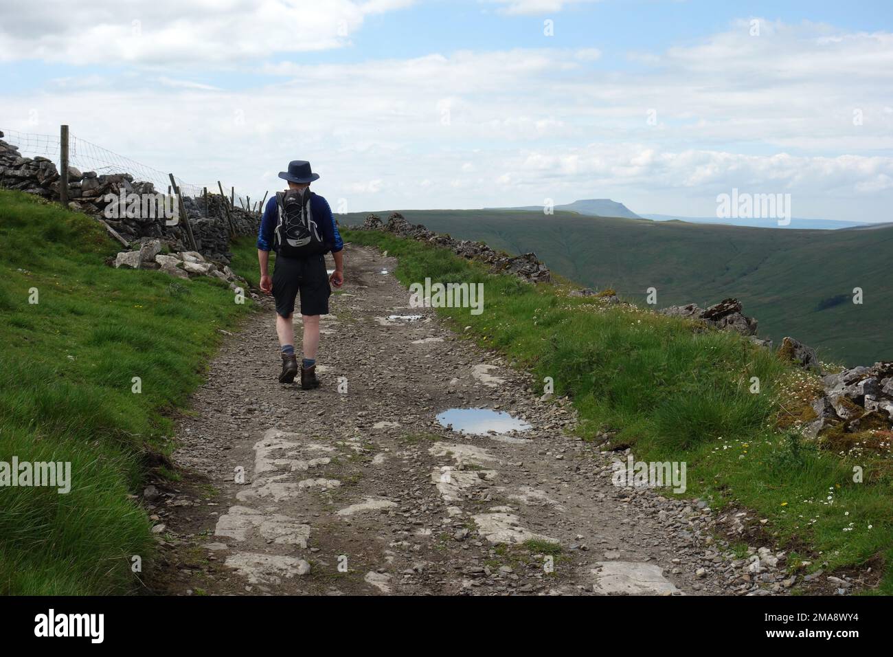 Man Walking (Hiker) on Track on The Pennine Way/West Cam Road near Hawes in Wensleydale, Yorkshire Dales National Park, England, UK. Stock Photo