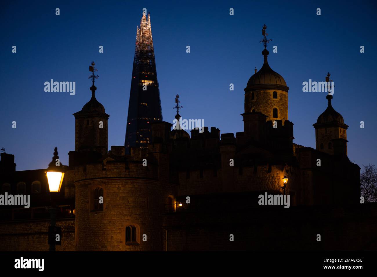 The Shard towers over the Tower of London. New and old in London, UK Stock Photo