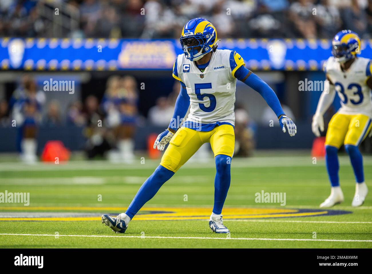Los Angeles Rams cornerback Jalen Ramsey (5) takes his stance during an ...