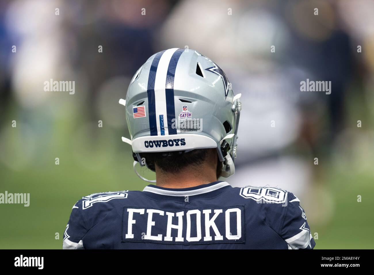 A detail of Dallas Cowboys wide receiver Simi Fehoko (81)'s helmet is seen  before an NFL football game against the Los Angeles Rams Sunday, Oct. 9,  2022, in Inglewood, Calif. (AP Photo/Kyusung
