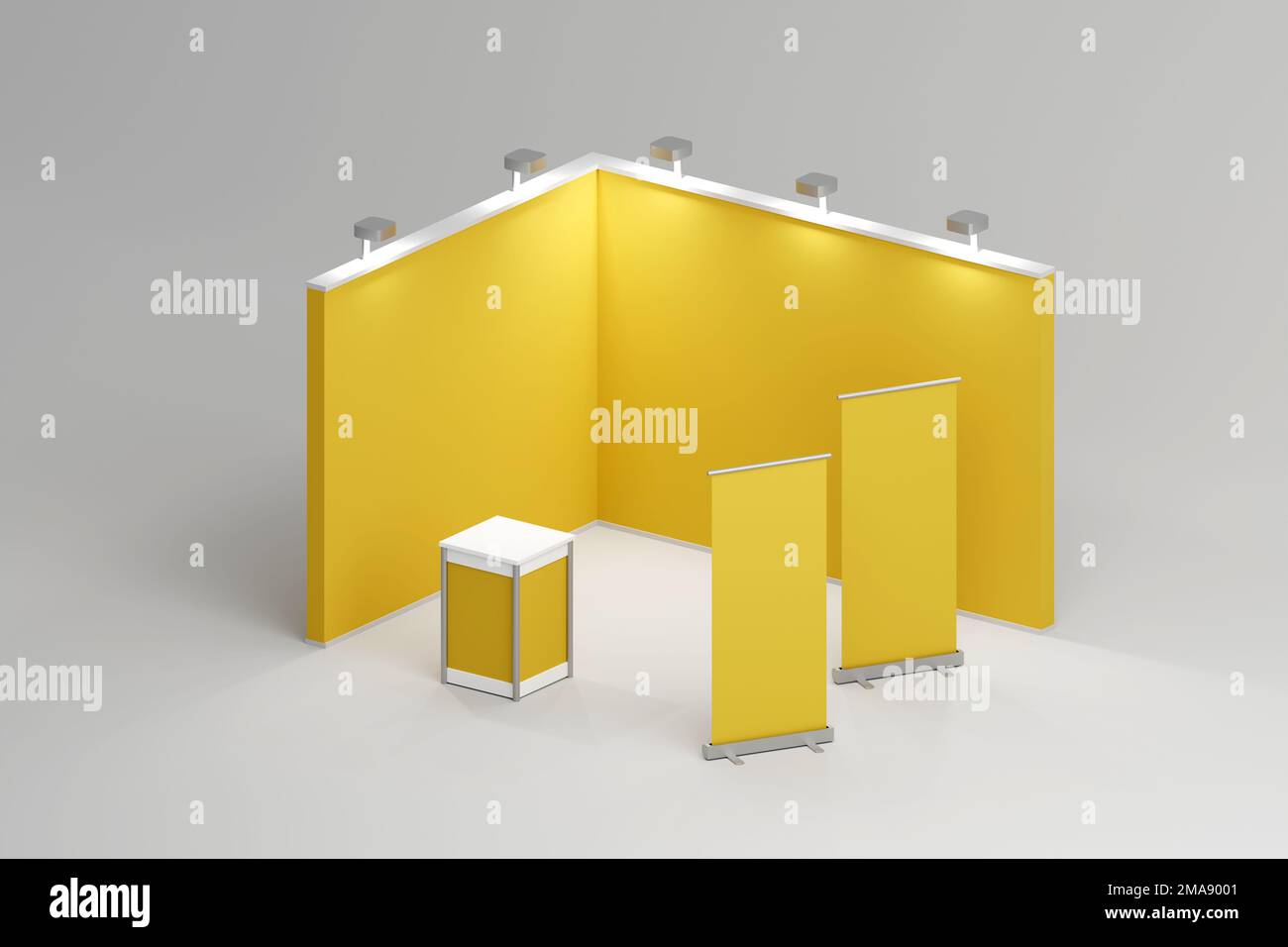Standard exhibition stand with spotlights. Presentation event room display. yellow blank panels, advertising stand. Creative exhibition booth design o Stock Photo