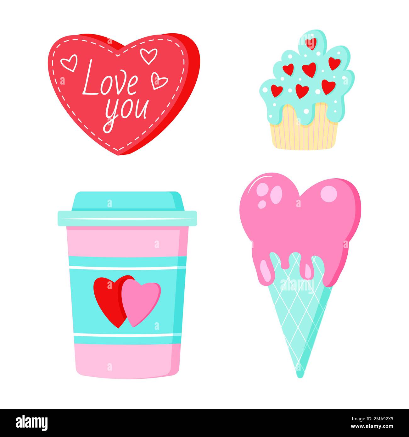 Saint Valentine s day vector set. Coffee, icecream, heart, puncake Stock Vector