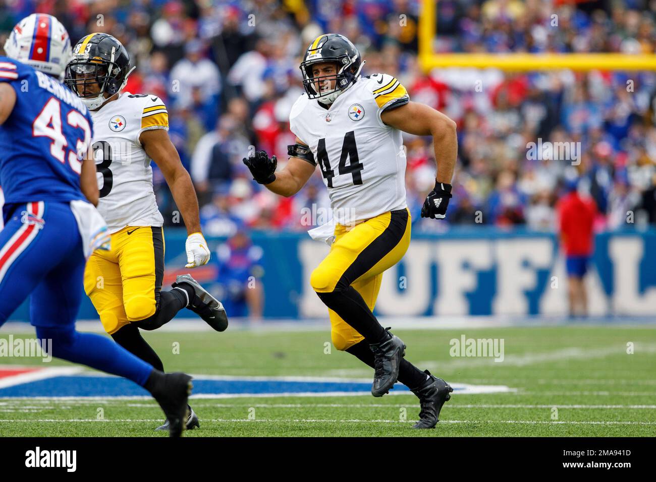 Pittsburgh Steelers fullback Derek Watt (44) is congratulated by linebacker  T.J. Watt (90) during the second half of an NFL football game against the  Buffalo Bills in Orchard Park, N.Y., Sunday, Sept.