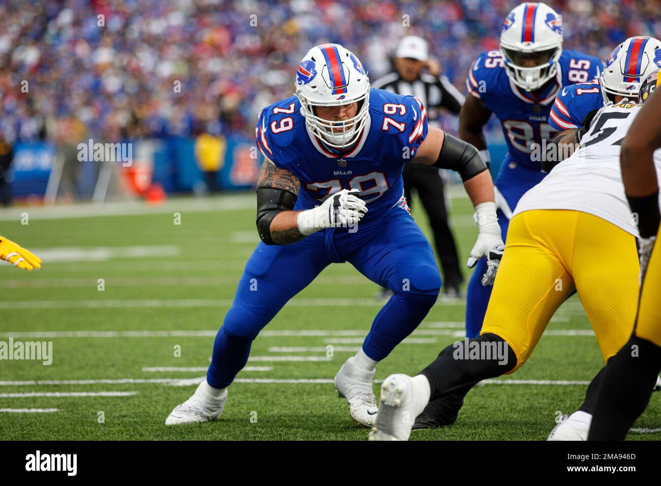 Buffalo Bills tackle Spencer Brown blocks during the second half of an NFL  football game against the New England Patriots in Orchard Park, N.Y.,  Monday, Dec. 6, 2021. (AP Photo/Adrian Kraus Stock