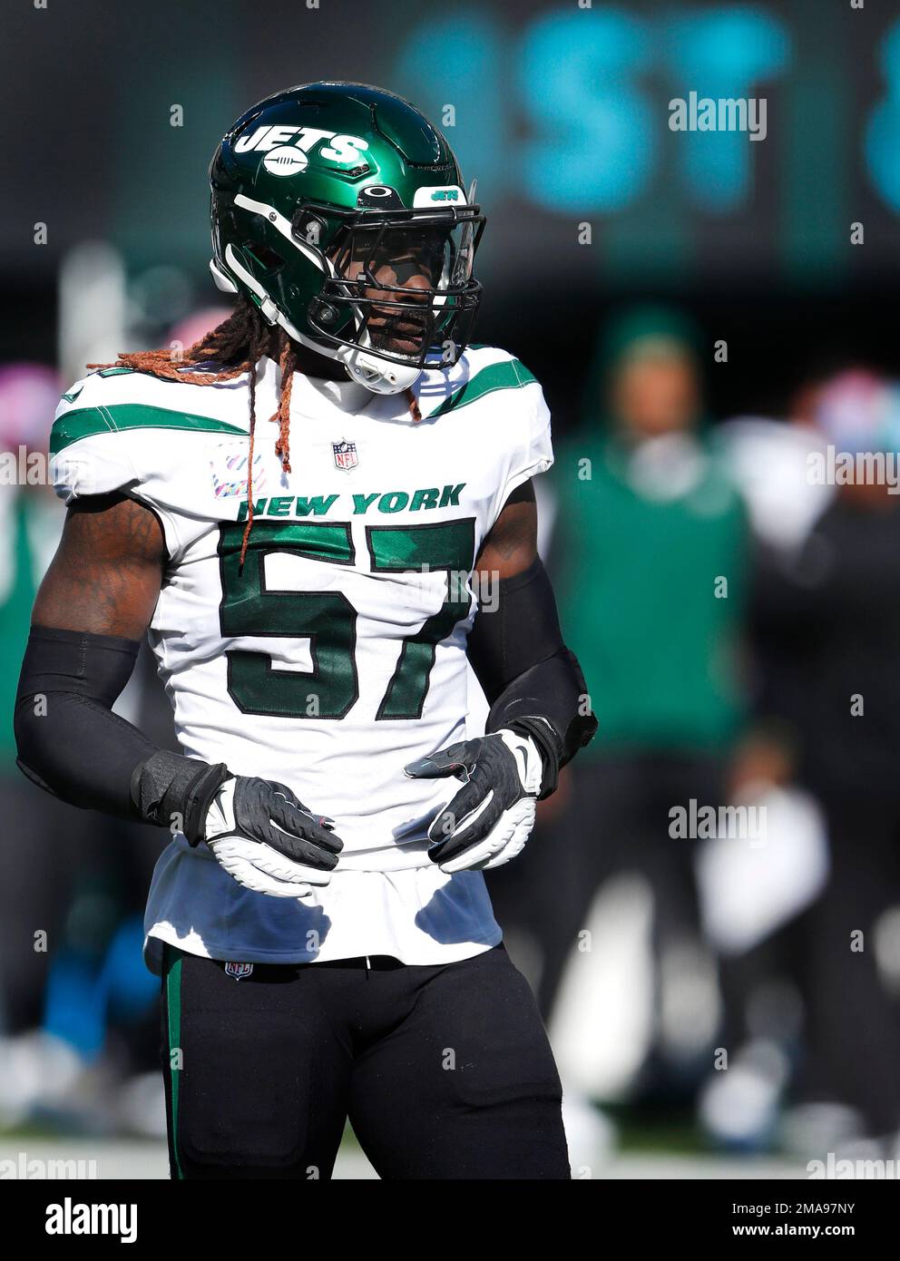 New York Jets linebacker Noah Dawkins (56) in action against the New York  Giants during a preseason NFL football game, Saturday, Aug. 14, 2021, in  East Rutherford, N.J. (AP Photo/Adam Hunger Stock