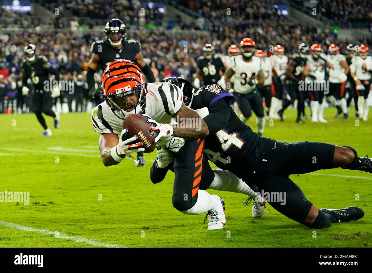 Cincinnati Bengals' Ja'Marr Chase, left, catches a pass over Baltimore  Ravens' Marlon Humphrey during the second half of an NFL football game,  Sunday, Oct. 9, 2022, in Baltimore. (AP Photo/Julio Cortez Stock