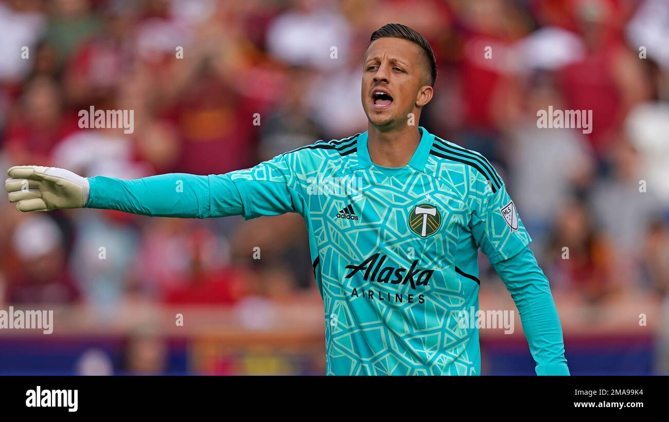 PORTLAND, OR - JULY 17: Portland Timbers goalkeeper Aljaz Ivacic (31) warms  up during a match between the Portland Timbers and Vancouver Whitecaps on  July 17, 2022 at Providence Park in Portland