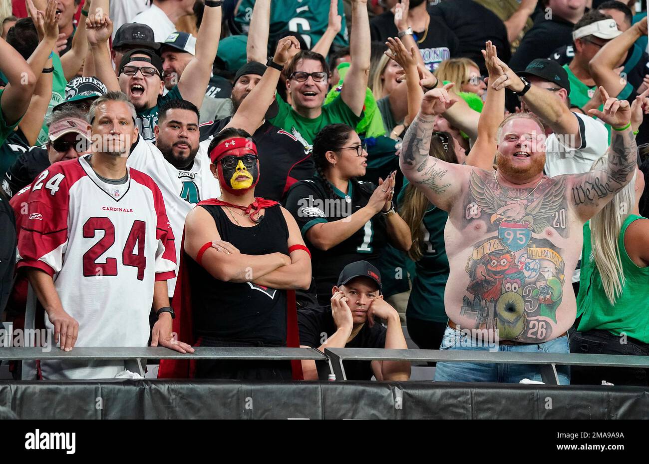 Philadelphia Eagles fans celebrate their 20-17 win over the Arizona  Cardinals as Cardinals fans appear dejected after a missed last second  field goal attempt to tie it up at the second half