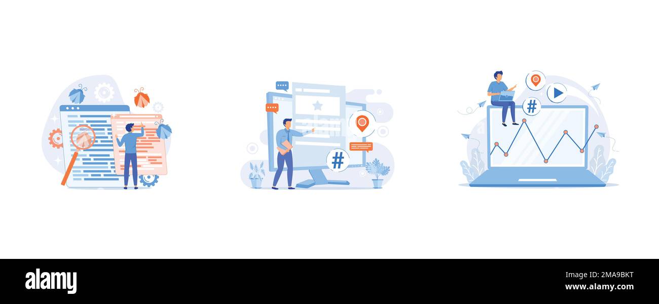 Debugging firewall, Microblogging platform user, Net surfing, set flat vector modern illustration Stock Vector