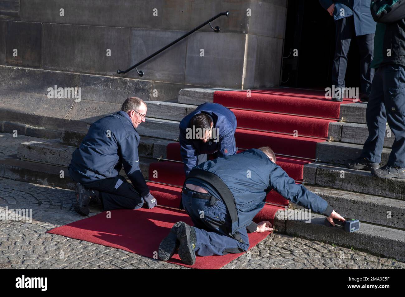 Placing A Red Carpet At The Palace On The Dam At Amsterdam The