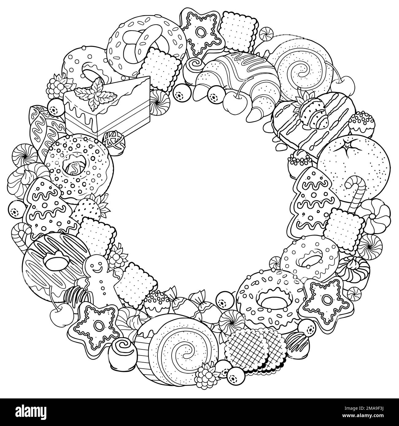 Vector coloring book page for adults. Black and white illustration of sweet food, candies, pastries, desserts, baked products Stock Vector