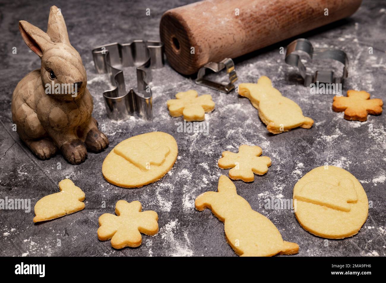Easter bakery, Easter cookies with baking accessories and Easter decoration Stock Photo