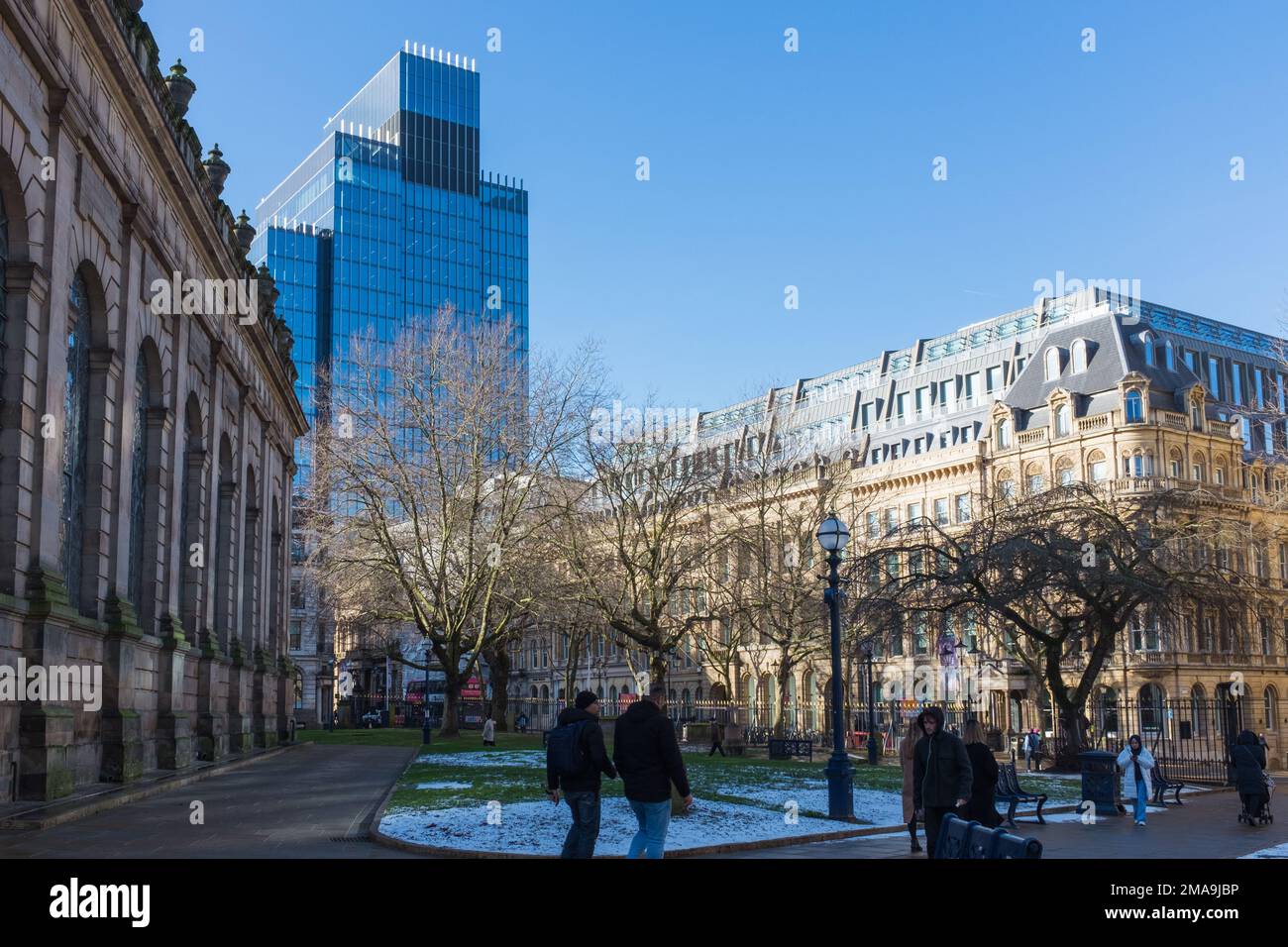 Colmore Row in Birmingham city centre with St Phillips Cathedral and 103 Colmore Row building Stock Photo