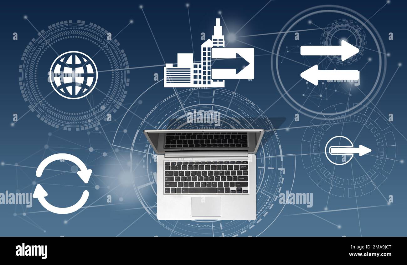 Top view of laptop with symbol of bpo concept Stock Photo Alamy