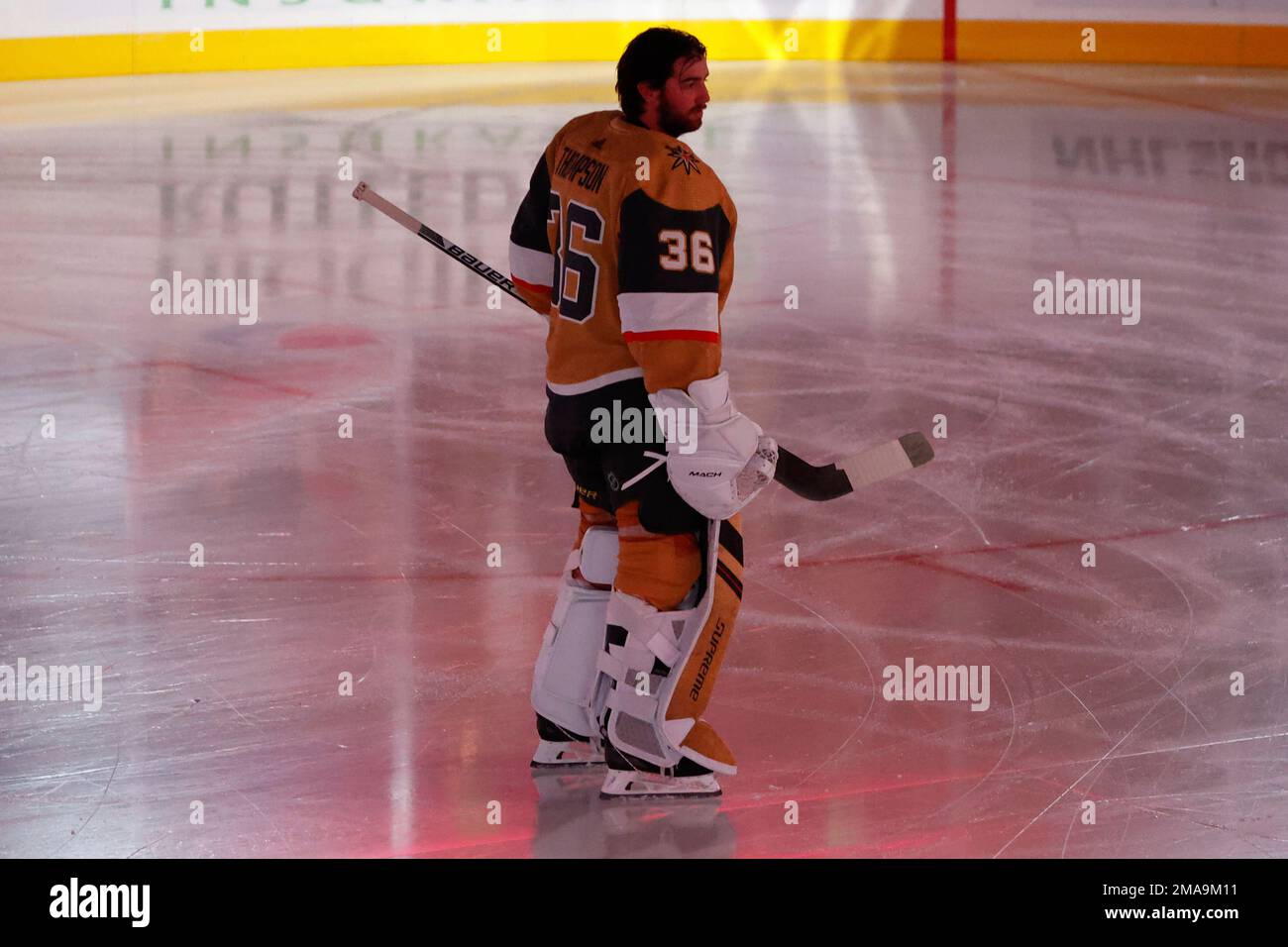 Vegas Golden Knights goalie Logan Thompson looks on during warmups