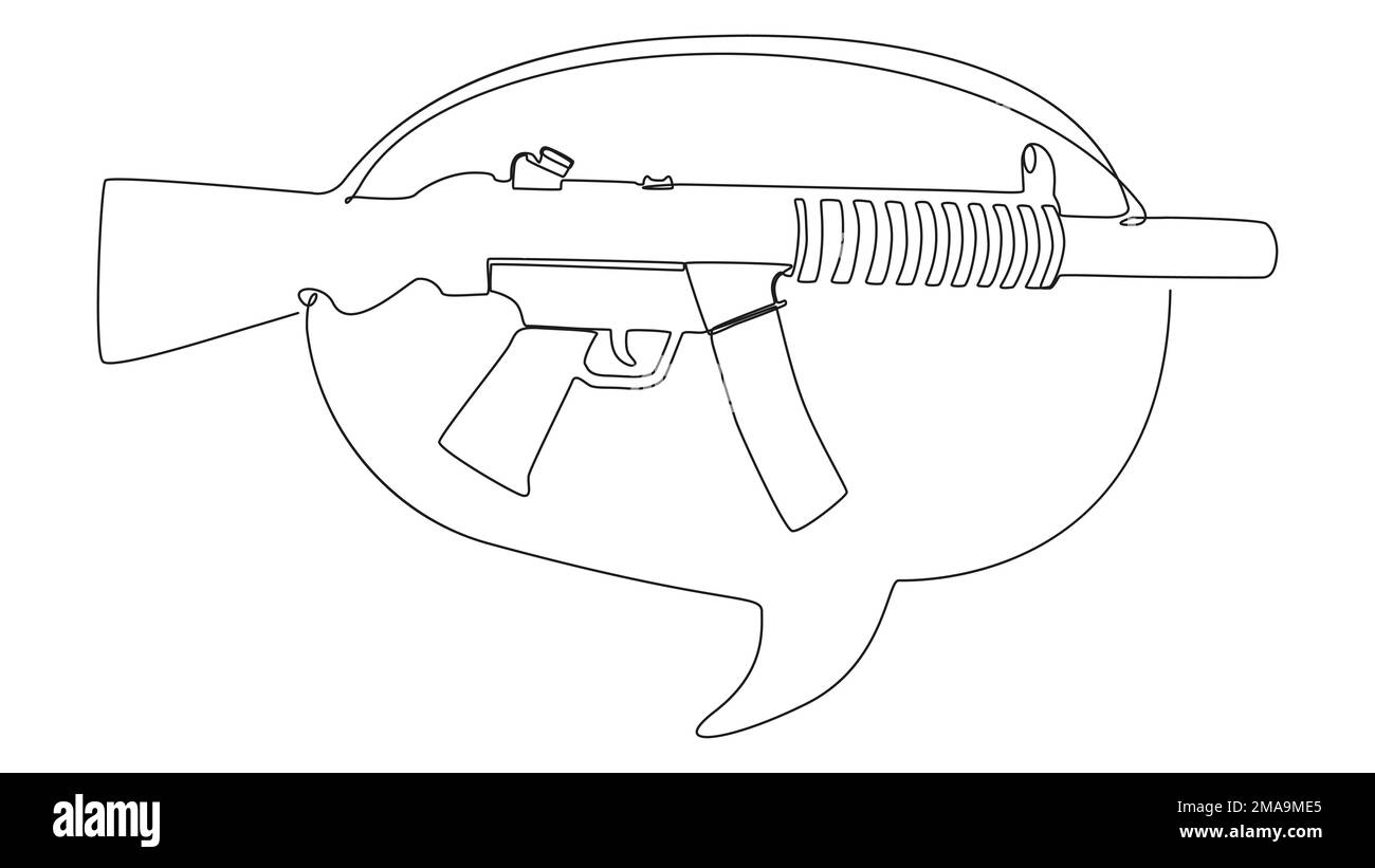 One continuous line of speech bubble with Machine Gun. Thin Line Illustration vector concept. Contour Drawing Creative ideas. Stock Vector