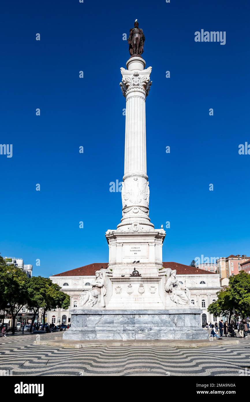 Column of Pedro IV a monument to King Peter IV of Portugal  in the centre of Rossio Square, Lisbon, Portugal. Stock Photo